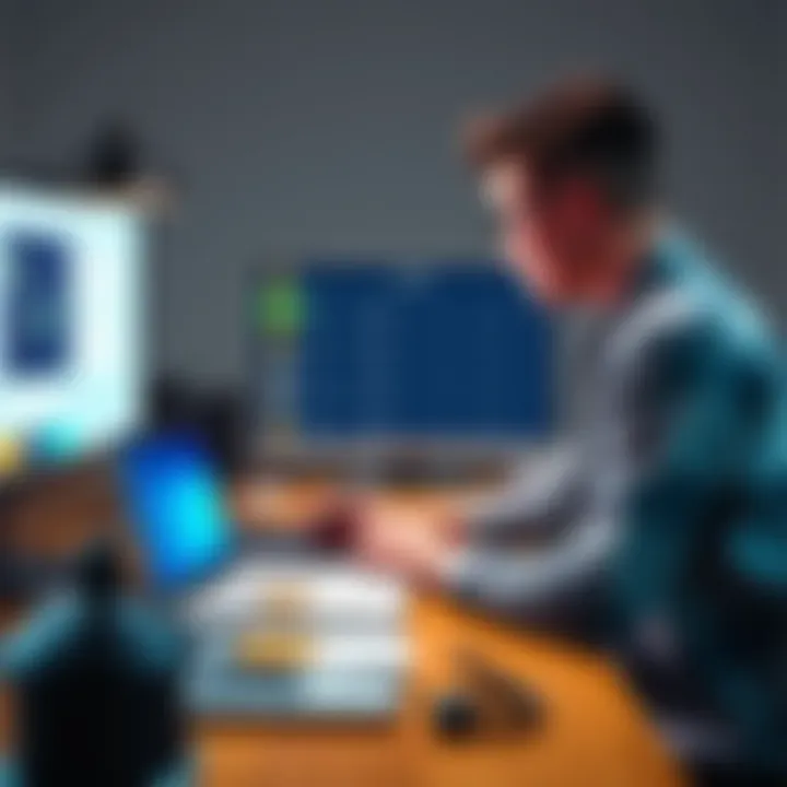 A person organizing multiple cryptocurrency wallets on a desk, showcasing a digital screen with wallet balances and different types of currencies.