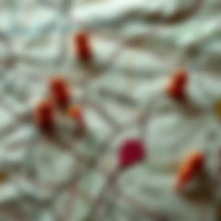 Map Exploration A close-up view of an old map, highlighting areas of interest with markers and notes, representing curiosity and discovery.