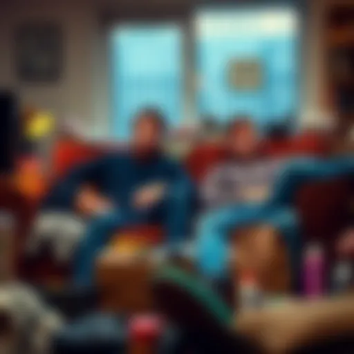 Mark sits on a couch with a surprised look while Jeremy lounges in Mark's old flat, surrounded by messy items, hinting at their humorous antics.