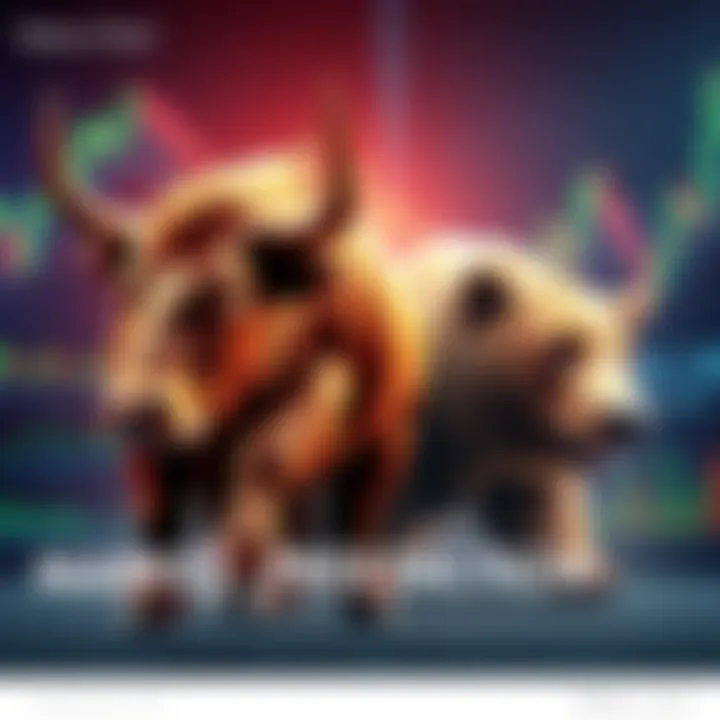 A graphic showing a bull representing a bullish market and a bear symbolizing market volatility, with fluctuating stock charts in the background.