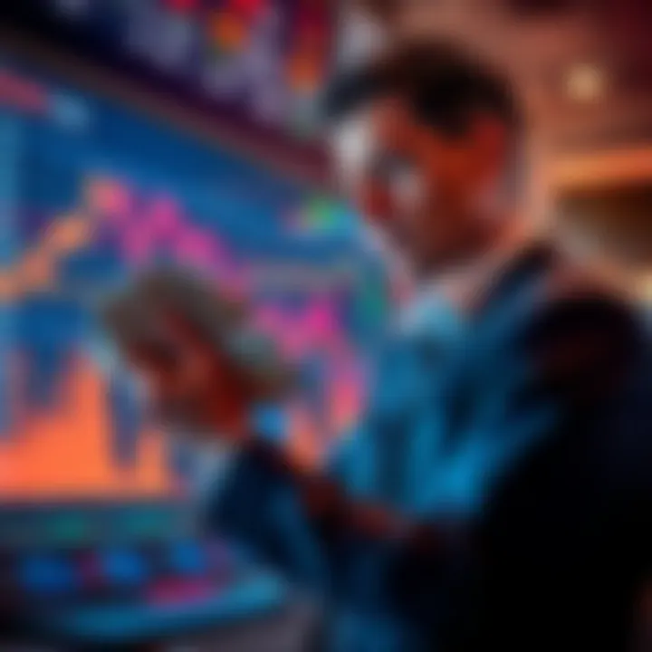 A trader analyzing market trends with a graph showing upward movement while holding cash in hand, reflecting on profit-taking decisions.