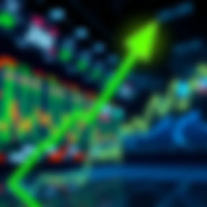 A financial graph showing a rising trend with a bright green arrow pointing upward, symbolizing market predictions, against a blurred background of stock market displays.