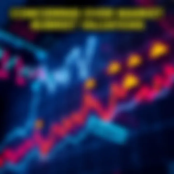 A stock market chart showing a steep upward trend with warning signs indicating possible overvaluation and concern among investors.