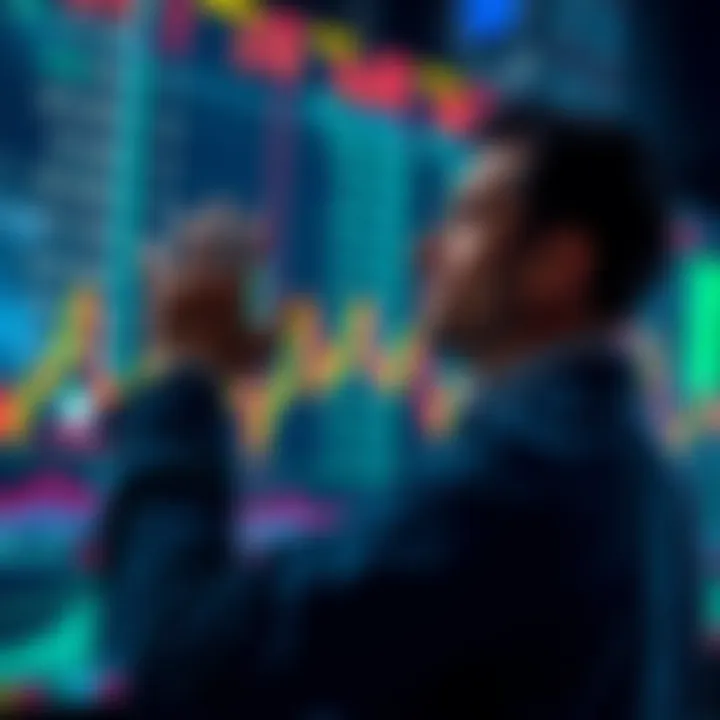 A worried investor watching a stock market graph with declining values, showing concern during a market dip