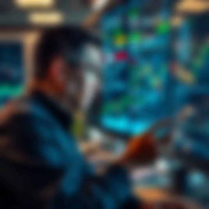 A person studying financial graphs and charts with a thoughtful expression in a modern office setting