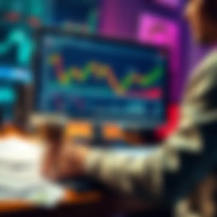 A person analyzing stock charts on a computer screen, surrounded by financial documents and a coffee cup, representing investment strategy challenges.