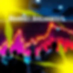 A stock market chart showing a sharp upward trend with bright colors, indicating a major breakout, with people discussing around it.