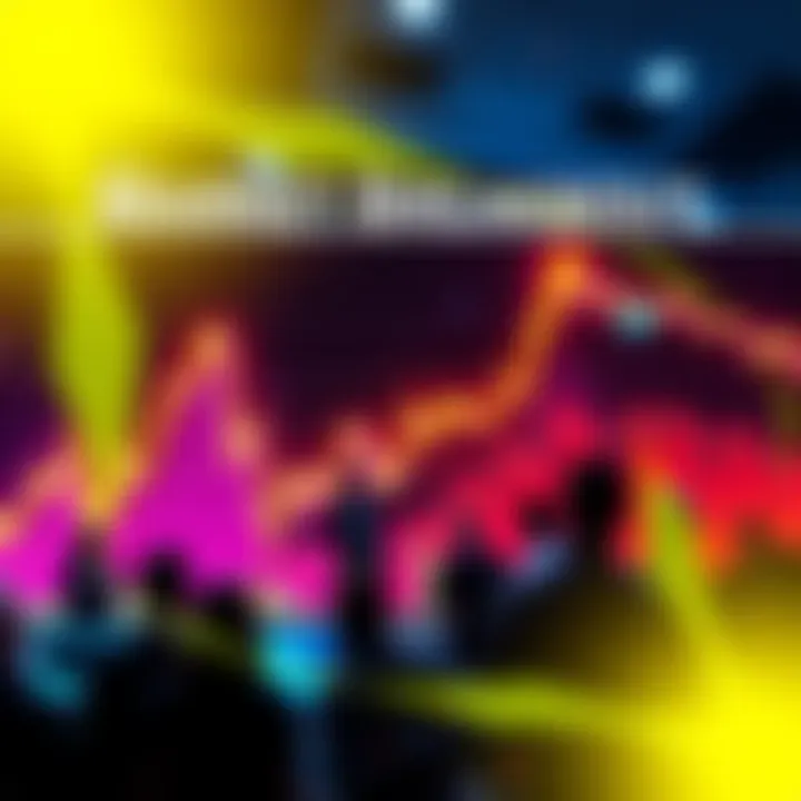 A stock market chart showing a sharp upward trend with bright colors, indicating a major breakout, with people discussing around it.