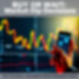 A stock market graph showing a downward trend with a person contemplating buying or waiting, holding a smartphone displaying financial news.