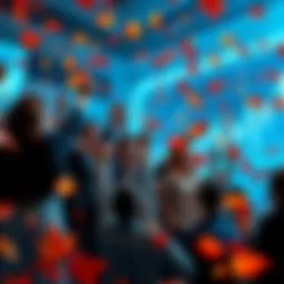 People celebrating market growth with graphs and autumn leaves around them