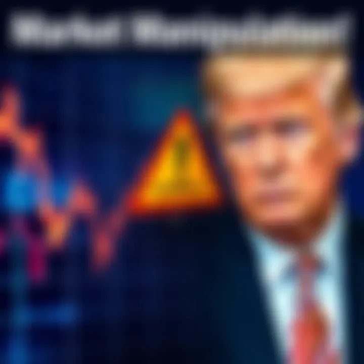 A stock market graph showing a downward trend with a warning sign. Trump's image is in the background with a confused expression.