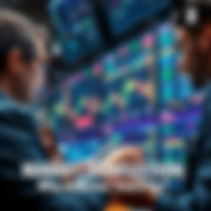 Traders looking at stock market graphs and charts showing fluctuating prices