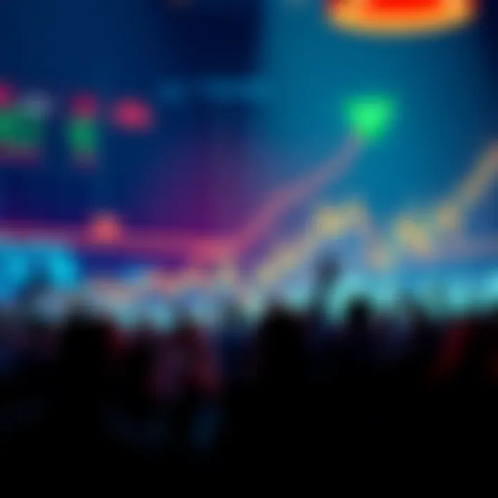 A stock market graph showing an upward trend towards the 30k milestone with excited investors in the background