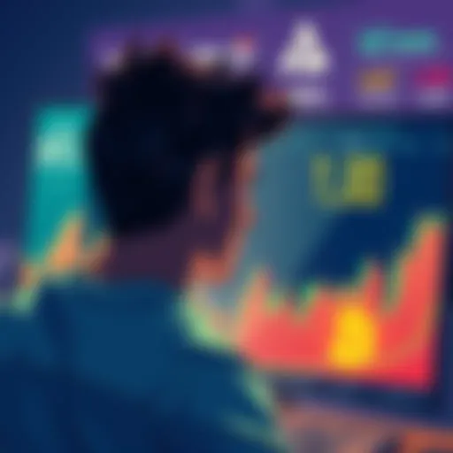 Illustration showing a person looking at a digital screen displaying the sell and buy actions of BTC with contrasting market reactions.