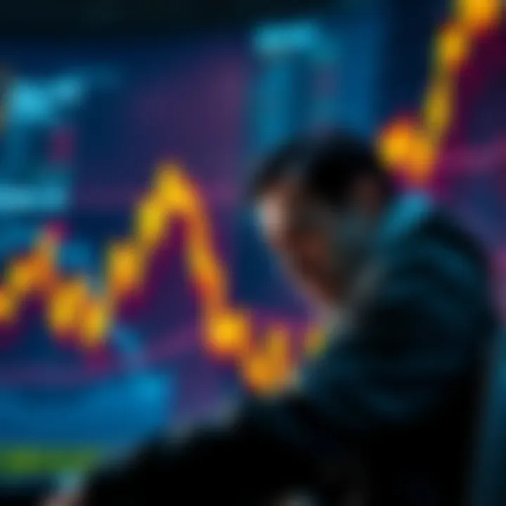 A downward trend line on a stock market chart with a worried investor looking at the screen.