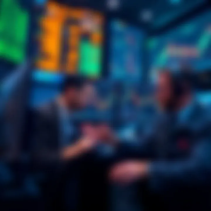 Traders analyzing charts with indicators and price movements on screens