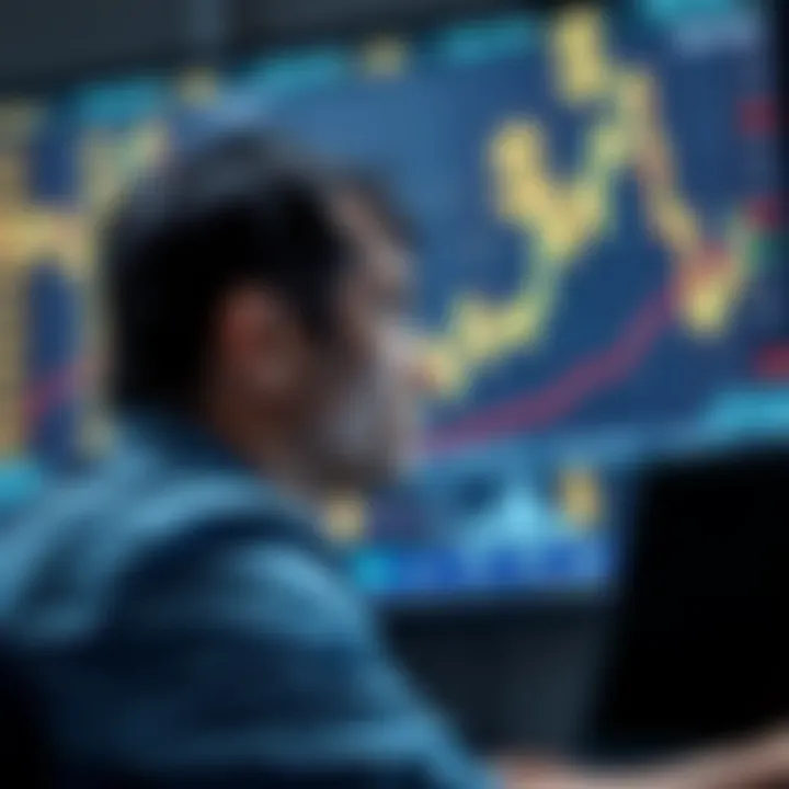 A person looking distressed while watching a stock market graph rise sharply on a screen, feeling left behind after cashing out, with dollar signs in the background.