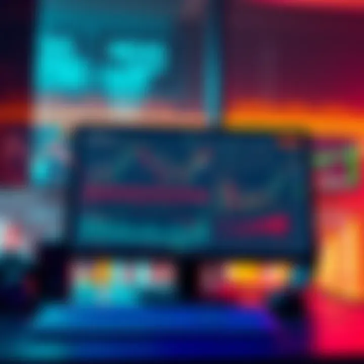 An illustration showing a Martingale trading bot interface with 8 safety orders, including graphs and trading data on a computer screen.