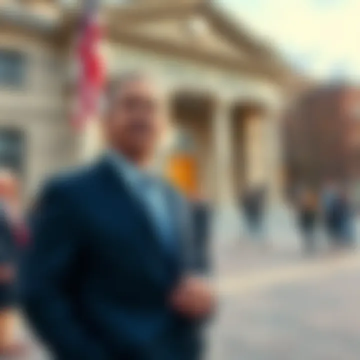 A mayor standing confidently in front of a city hall, discussing community issues with residents.