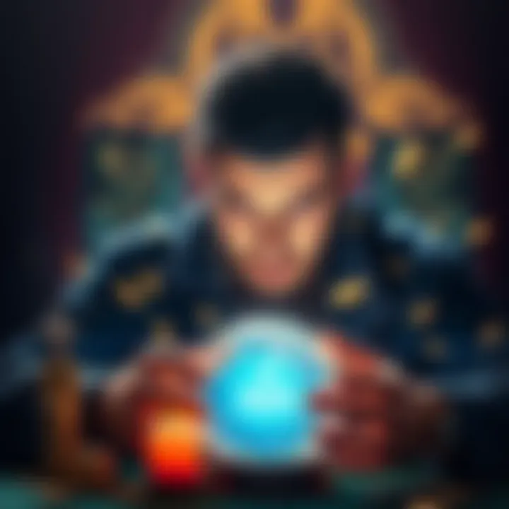 A medium looking into a crystal ball, revealing a bright future price for 2028, with symbols of investment around.