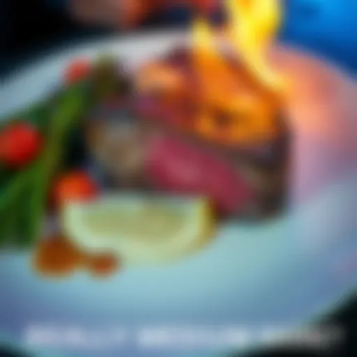 A close-up of a medium rare steak with a pink center on a plate, alongside some vegetables and sauce, showcasing steak doneness issues.