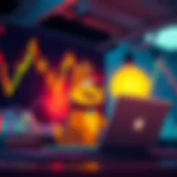 A chart showing price fluctuations with a cartoon dog symbolizing DOGE, a person looking at the chart with a laptop, representing trading strategies.