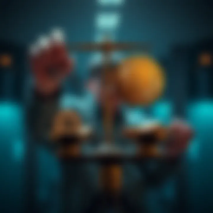 A person weighing meme coins and Bitcoin on a scale, showing the dilemma of investment choices.