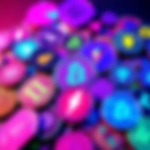 A collage of popular meme coins and cryptocurrencies with vibrant colors, showing elements of innovation and charity symbols.