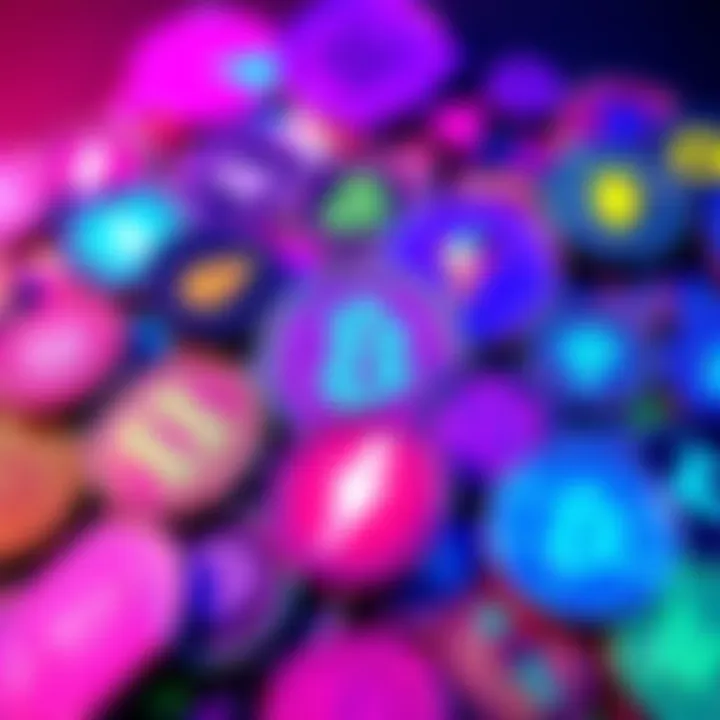 A collage of popular meme coins and cryptocurrencies with vibrant colors, showing elements of innovation and charity symbols.