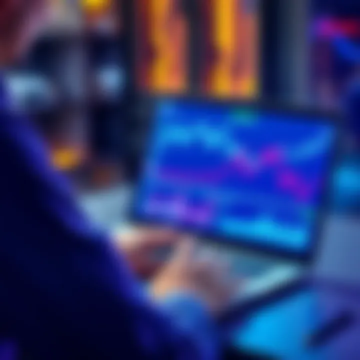 A person analyzing memecoin trends on a laptop, with charts and graphs displayed on the screen, highlighting investment strategies.