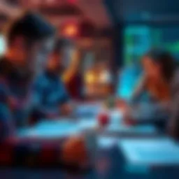 A group of people discussing memecoins with charts and graphs on a table, showing expressions of concern and determination.