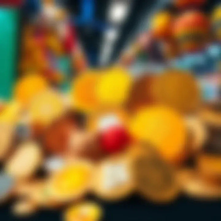 A display of different memecoins with playful designs, showcasing emerging cryptocurrency options beyond Doge, Shiba, and Pepe in a vibrant market setting.