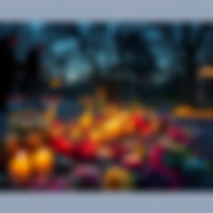 A candlelit memorial with flowers honoring Laszlo's sacrifices, surrounded by people reflecting on his legacy.