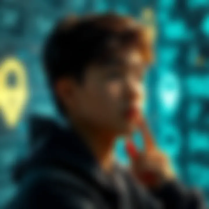 A young person looks thoughtful, tapping their head as they contemplate storing a seed phrase in their memory, with a digital security theme in the background.