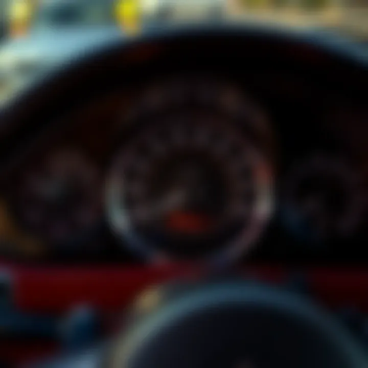 Close-up of a Mercedes 450SL dashboard showing a broken odometer and a malfunctioning air conditioning display