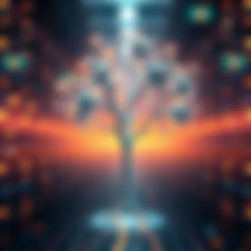 Illustration showing a Merkle Tree with data nodes and links, representing data integrity and security in various industries.