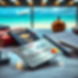 A close-up view of a metallic credit card placed on a table with travel items like a passport and plane ticket in the background, illustrating its travel benefits.