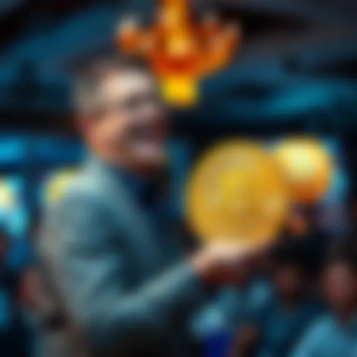 Michael Saylor speaking at a Bitcoin event while holding a Bitcoin logo. He looks enthusiastic and engaged, with a crowd of people in the background listening attentively.