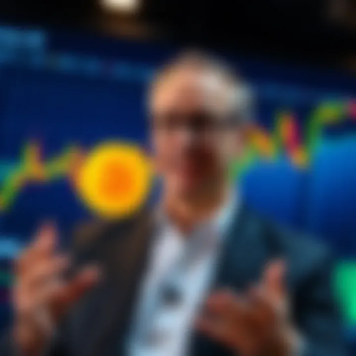 Michael Saylor Speaking on Bitcoin Selling Michael Saylor, CEO of MicroStrategy, talks about selling Bitcoin, showing a graph of Bitcoin trends in the background.