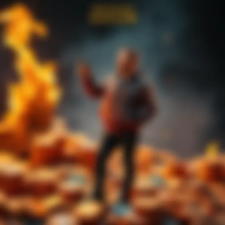 Michael Saylor standing next to a large pile of Bitcoin coins being set on fire, symbolizing his plan to burn his fortune after death.
