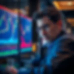 Michael Saylor looking concerned while analyzing financial graphs with large unrealized losses displayed on a screen.