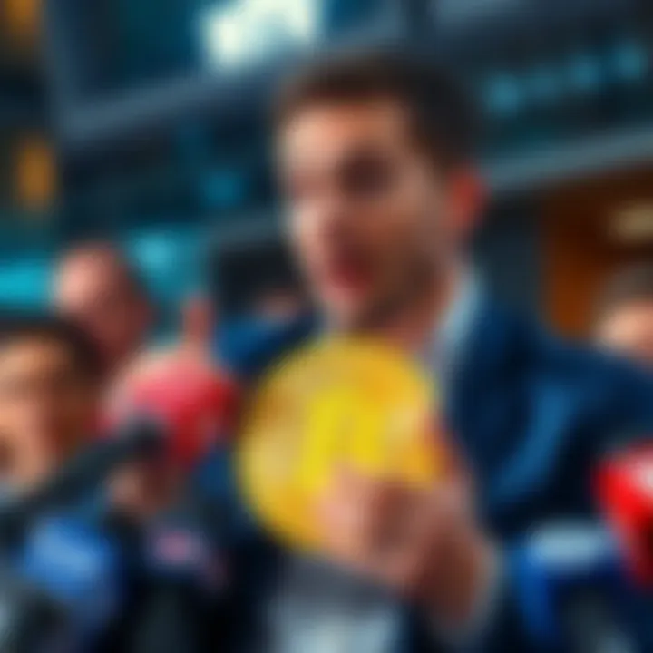 Michael Saylor at a press conference announcing his Bitcoin sale, looking surprised while holding a Bitcoin symbol.