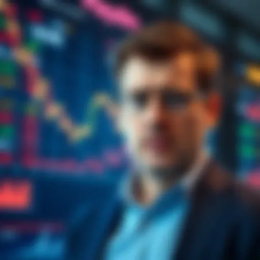 Michael Saylor looking worried as stock prices drop, with financial charts in the background