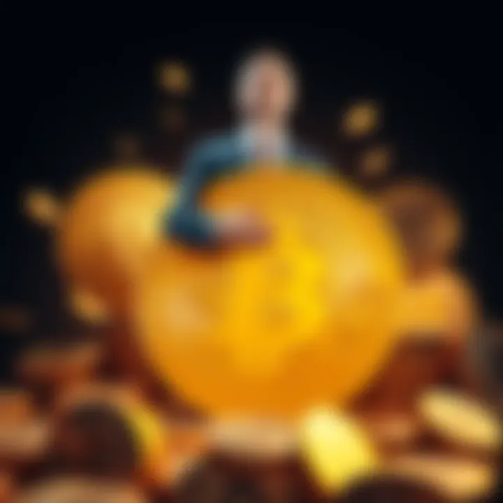 A businessman, representing Michael Saylor, stands holding a giant Bitcoin symbol, surrounded by smaller Bitcoin coins. The scene conveys dominance in the cryptocurrency world.
