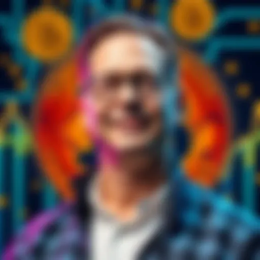 Michael Saylor stands confidently with Bitcoin graphics in the background, showing his commitment to cryptocurrency.