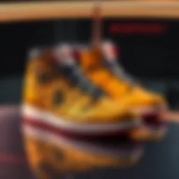 A pair of stylish Jordans themed with Bitcoin designs, placed on a sleek surface, highlighting their unique aesthetic.