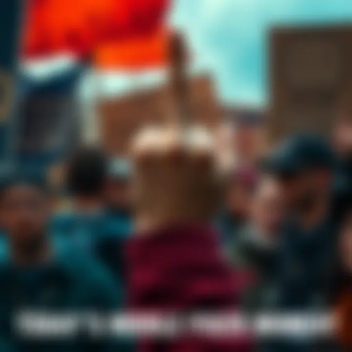 A person defiantly raising their middle finger against a backdrop of protest signs and frustrated faces, symbolizing rebellion and dissatisfaction with societal issues.
