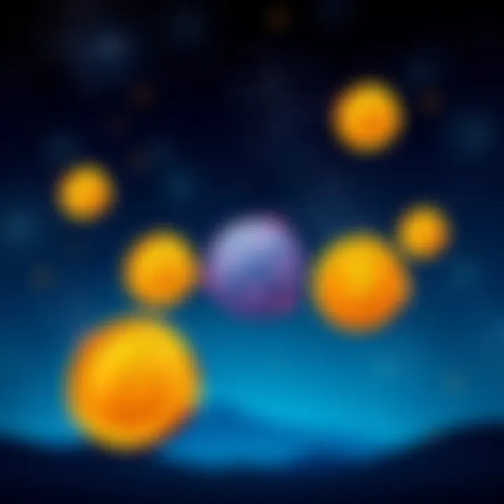 A digital representation of a midnight airdrop event with coins labeled ADA, XRP, and BTC floating in a dark sky filled with stars.