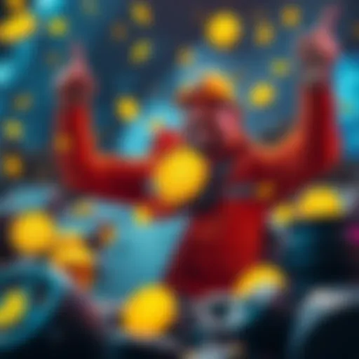 A solo miner is celebrating after finding a block, surrounded by Bitcoin symbols and a digital wallet graphic.