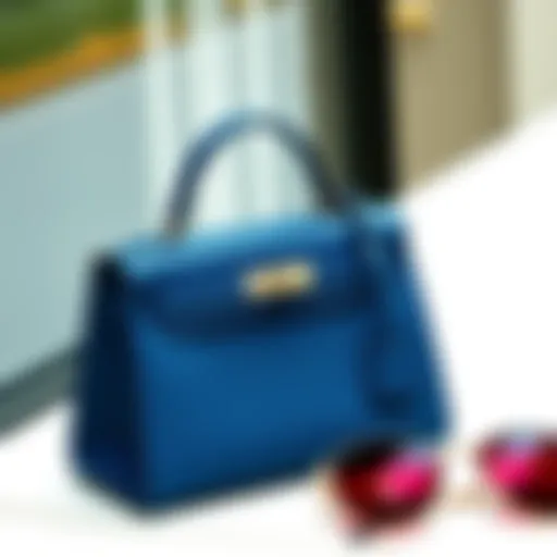 A stylish Mini Kelly Casaque bag in Bleu Indigo/Noir/Rouge H, perfect for weddings, placed next to fashionable sunglasses.
